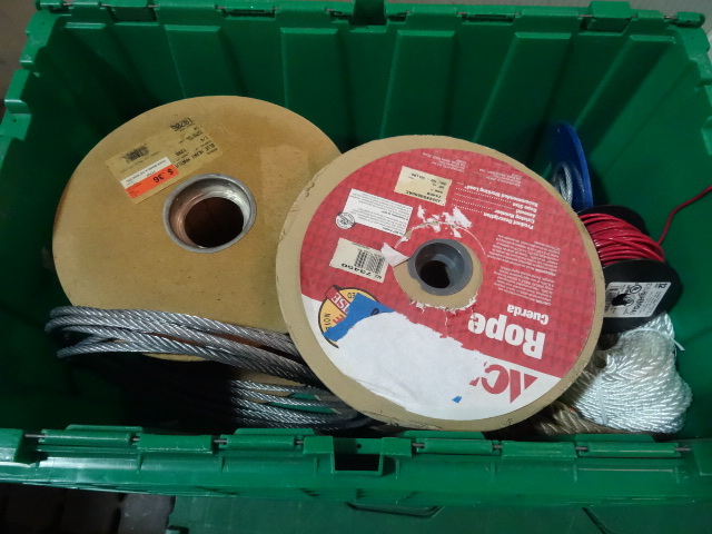 lot 36 image: NEW ENTIRE BIN ROPE AND WIRE incl. Steel Braided Cable, - 100 ft roll 12 Guage THHN Electric Wire  Red, 1  4 in Jute Rope, 3  8 in Jute Rope, 1  4 in Steel Braided Cable (coated) and Multiple Rolls Misc Rope. GREEN BIN NOT INCLUDED
