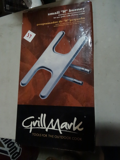 lot 37 image: NEW Grill Mark H Style Burner Stainless Steel Universal Fit For Grills with 2 Knobs Small. $30 retail