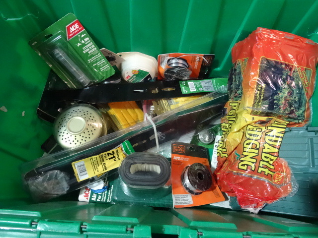 lot 44 image: NEW LARGE LOT Misc. Small Engine and Lawn and Garden Items. Tune up kits, Mufflers, Air Filters, Mower Blades and MUCH MORE. GREEN BIN NOT INCLUDED