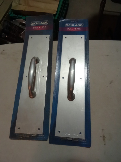 lot 121 image: NEW Qty 2 Schlage Door Pull Plates with Handles Satin Aluminum Finish