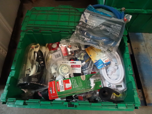 lot 122 image: NEW ENTIRE BIN Plumbing Items incl. Shutoff Valves, Burst Free Washing Machine Hose, Shower Heads, and MUCH MORE. See Pictures. GREEN BIN NOT INCLUDED