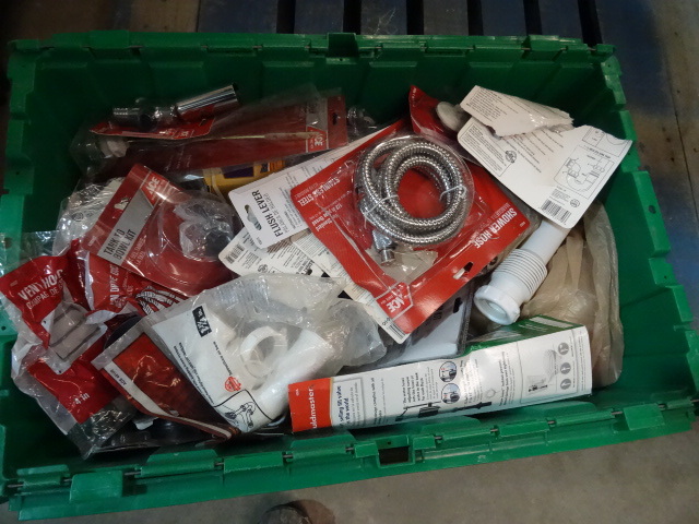 lot 133 image: NEW ENTIRE BIN Plumbing Items incl. Faucert Stems and Repair Parts, Valves, Toilet Repair Parts and MORE. GREEN BIN NOT INCLUDED