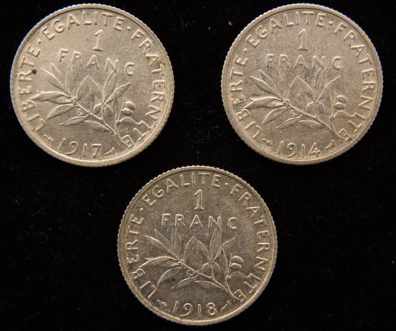 GROUP OF 3 SILVER 1 FRANCS 1914, 1917 & 1918 UNC (5 GRAM-83.5% SILVER EACH)