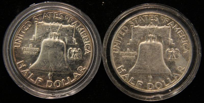 GROUP OF 2 FRANKLIN SILVER HALF DOLLARS IN AIRTITE HOLDERS 1957D & 1962