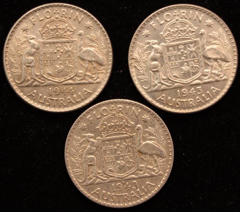 GROUP OF 3 AUSTRALIA SILVER FLORINS 1943(2) & 1944 UNC (11.3 GRAMS-92.5% SILVER EACH)
