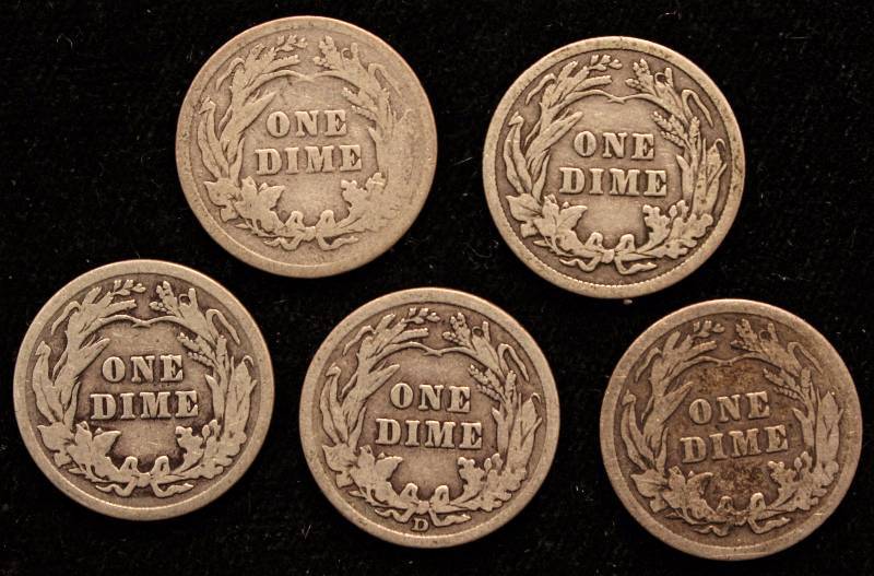 GROUP OF 5 BARBER SILVER DIMES 1899, 1909, 1913, 1914D & 1916