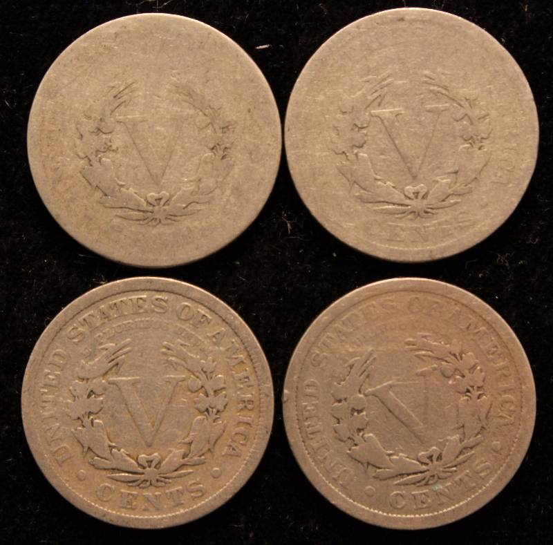 GROUP OF 4 LIBERTY V NICKELS 1899, 1905, 1910 & 1912