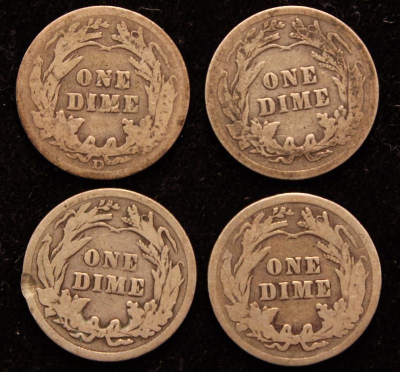 GROUP OF 4 BARBER SILVER DIMES 1908D, 1912, 1914 & 1916