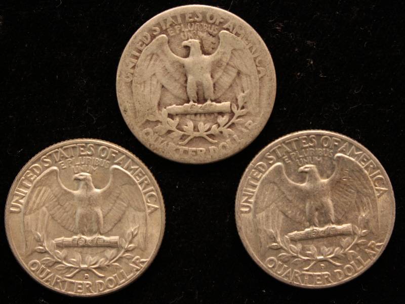 GROUP OF 3 SILVER WASHINGTON QUARTERS 1946P, 59D & 64D