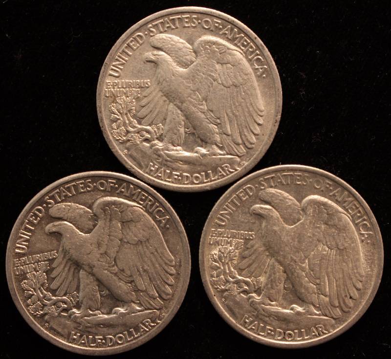 GROUP OF 3 WALKING LIBERTY SILVER HALF DOLLARS AU 1942S, 43S & 45S