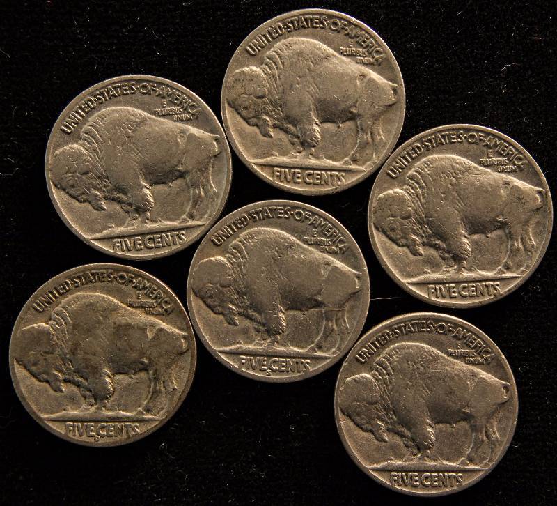 GROUP OF 6 BUFFALO NICKELS 1934, 35, 36, 36S, 37 & 37D VF-XF