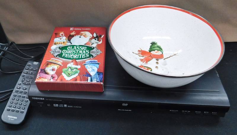 DVD player Christmas DVDs and bowls