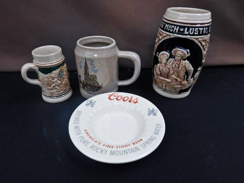 3 beer steins and coors ashtray