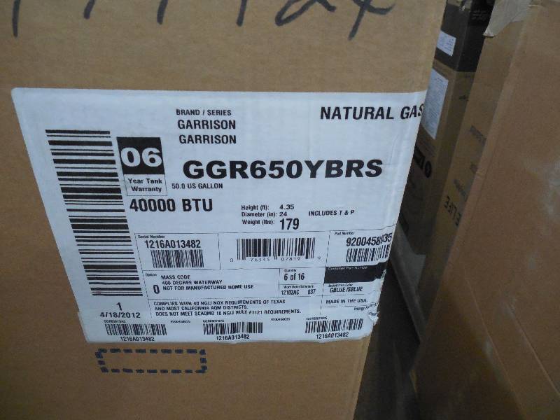 lot 11 image: NEW -GARRISON WATER HEATER 50 GAL NAT GAS SHORT 40K BTU