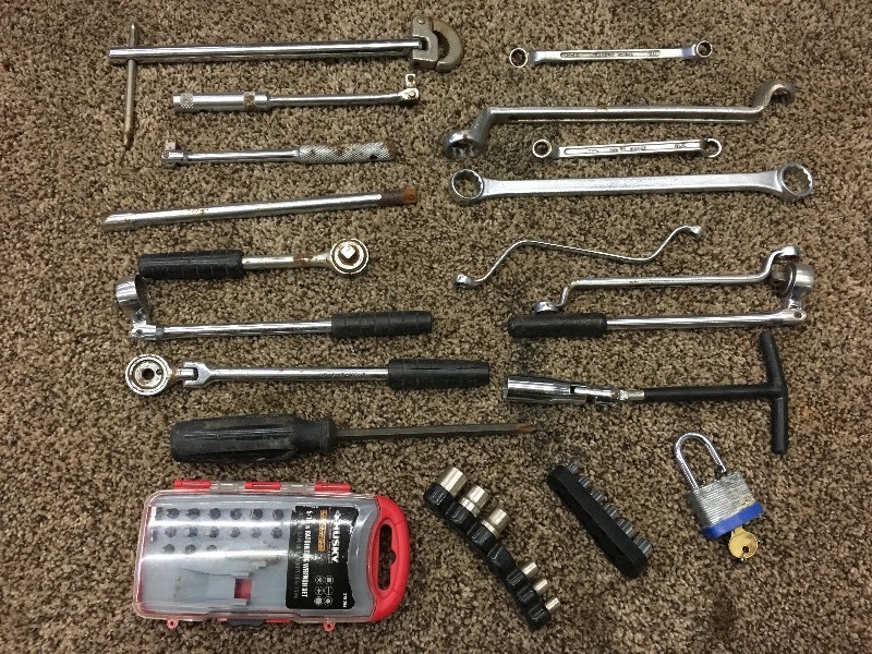 lot 33 image: Tote Of Assorted Wrenches, Bit Set...