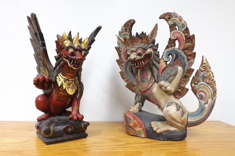 2 Large Wood Carved 19 Painted Griffin Statues