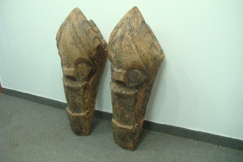 2 MASSIVE Antique Wood Carved Aztec Like Totem Masks