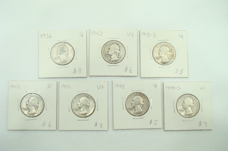 7 Silver Washington Quarters from the 1930s and 1940s