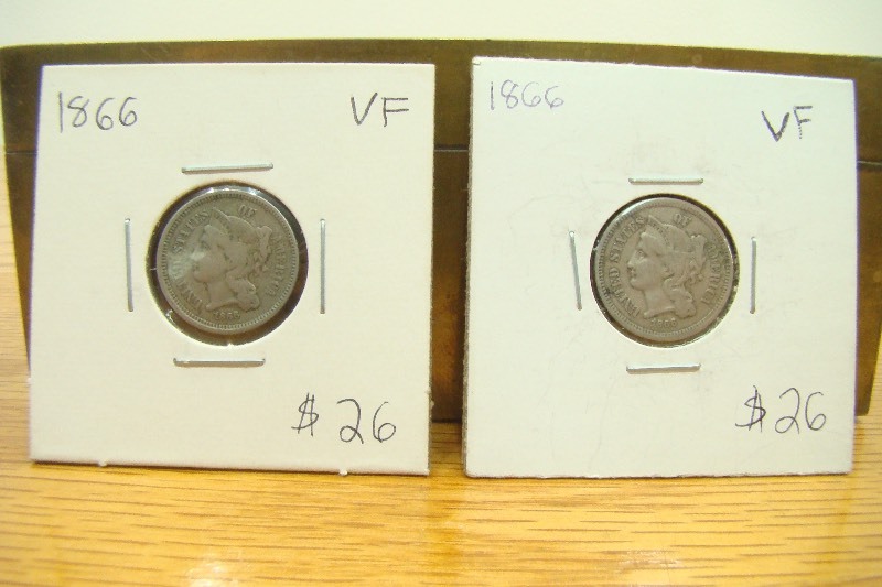2 Three Cent 1866 Liberty Nickels