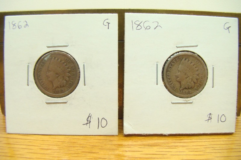 2 Indian Head Pennies 1862