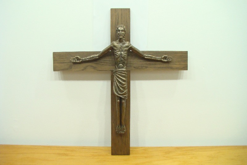LARGE HEAVY Brass Body on Wood Base Crucifix