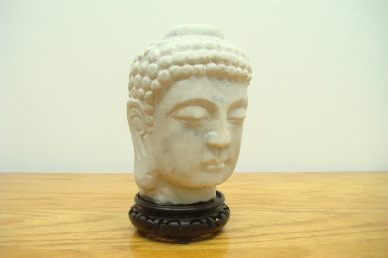Stone Carved Buddha Bust on Wood Base