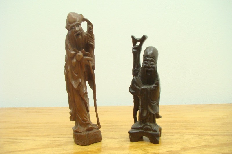 2 Small Wood Hand Carved Shou Lao Figures