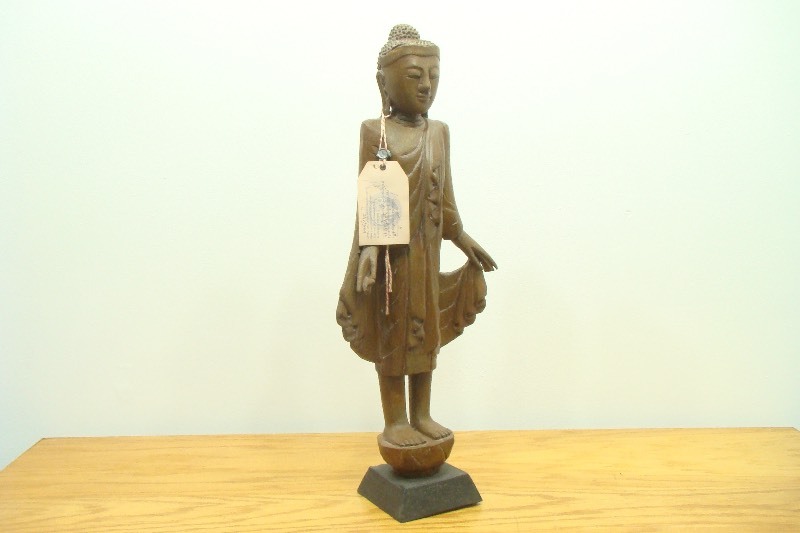 24.5 Tall Wood Carved Buddha with Vintage ImportExport Tags