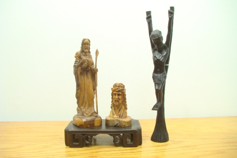 3 Wood Carved Christ Figures and Stand
