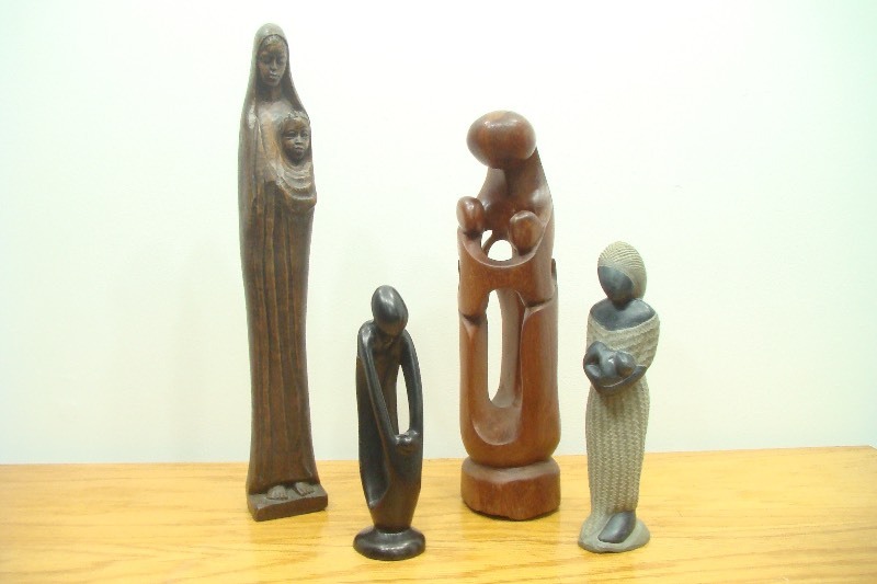 4 Wood Carved Woman with Child Figurines