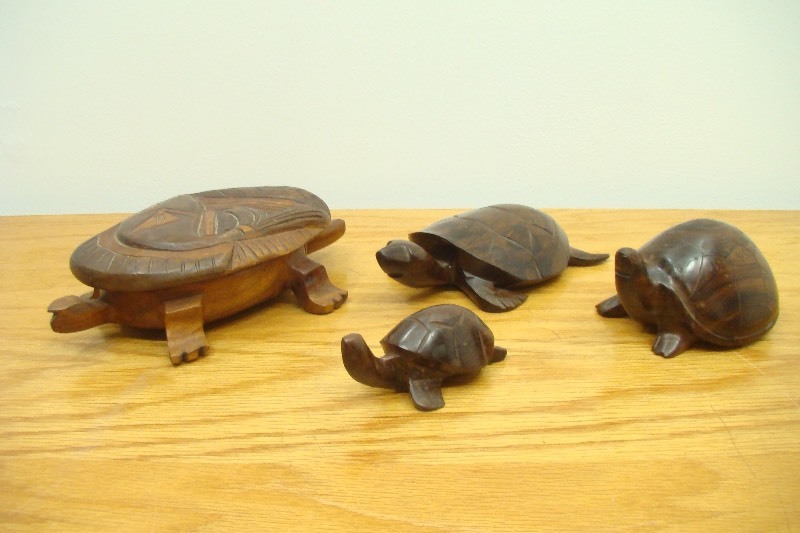 4 Wood Carved Turtle Figurines