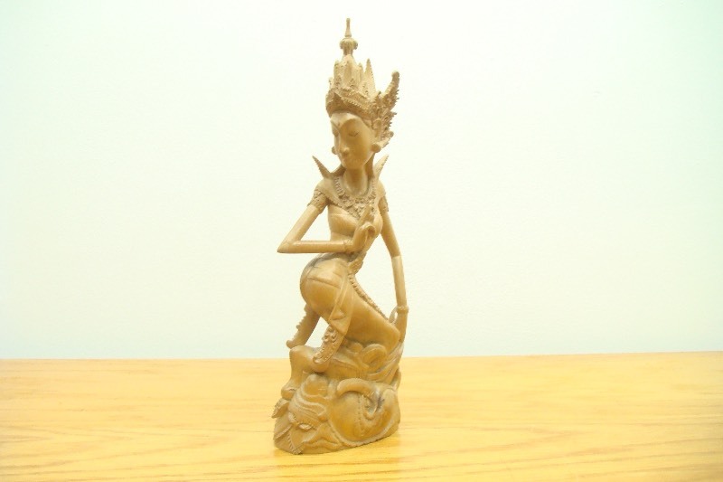 13.5 Detailed Signed Wood Carved Asian Goddess Figure