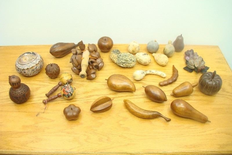 Lot of Painted Gourds, Quartz Grapes, Wood Fruit, etc.