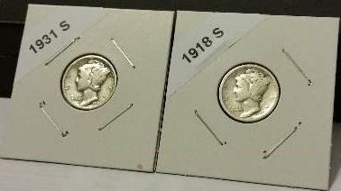 1918-S (San Francisco Mint) and 1931-S Mercury Silver Dimes