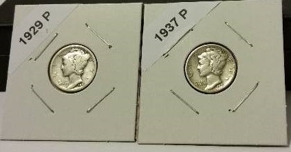 1929-P (Philadelphia Mint) and 1937-P  Mercury Silver Dimes