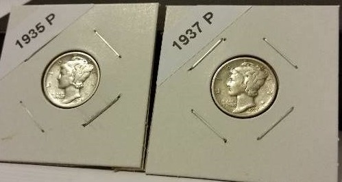 1935-P (Philadelphia Mint) and 1937-P Mercury Silver Dimes