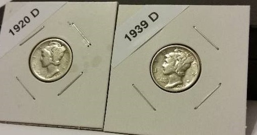 1920-D (Denver Mint) and 1939-D Mercury Silver Dollars