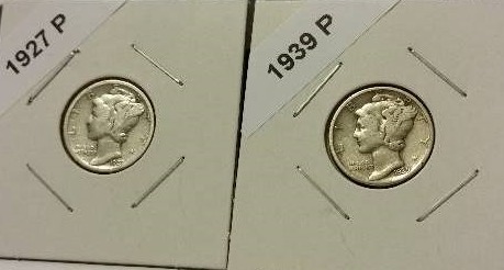 1927-P (Philadelphia Mint) and 1939-P Mercury Silver Dimes
