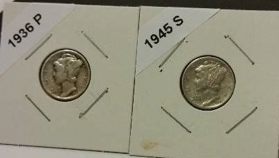 1936-P (Philadelphia Mint) and 1945-S (San Francisco Mint) Mercury Silver Dimes