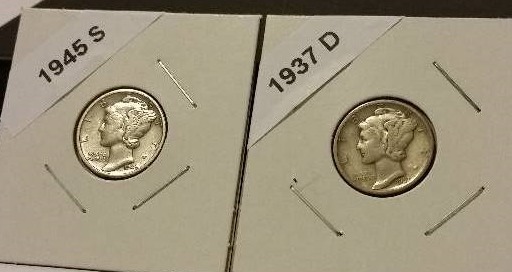 1937-D (Denver Mint) and 1945-S (San Francisco Mint) Mercury Silver Dimes