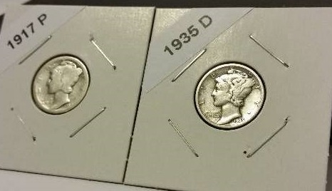 1917-P (Philadelphia Mint) and 1935-D (Denver Mint) Mercury Silver Dimes