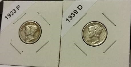1923-P (Philadelphia Mint) and 1939-D (Denver Mint) Mercury Silver Dimes