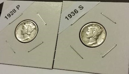 1928-P (Philadelphia Mint and 1936-S (San Francisco Mint) Mercury Silver Dimes