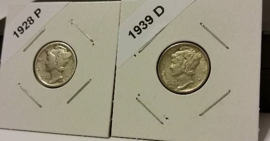 1928-P (Philadelphia Mint) and 1939-D (Denver Mint) Mercury Silver DImes