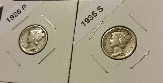 1925-P (Philadelphia Mint) and 1935-S (San Francisco Mint) Mercury Silver Dimes