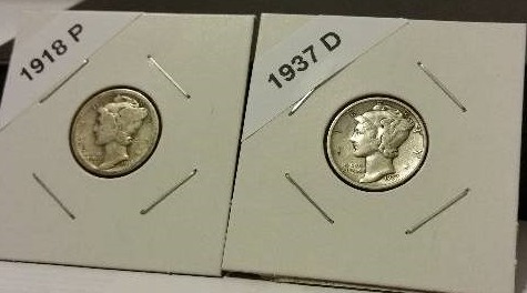 1918-P (Philadelphia Mint) and 1937-D (Denver Mint) Mercury Silver Dimes