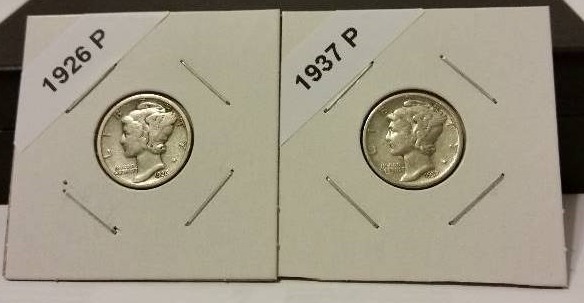 1926-P (Philadelphia Mint) and 1937-P Mercury Silver Dimes