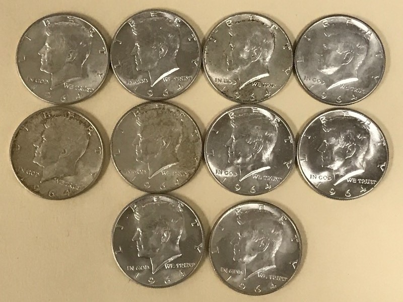 lot 35 image: Lot Of (10) 1964 Kennedy Half Dolla...