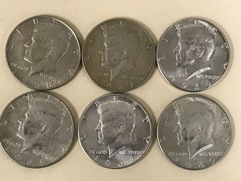 lot 36 image: Lot Of (6) Kennedy Half Dollars 19...