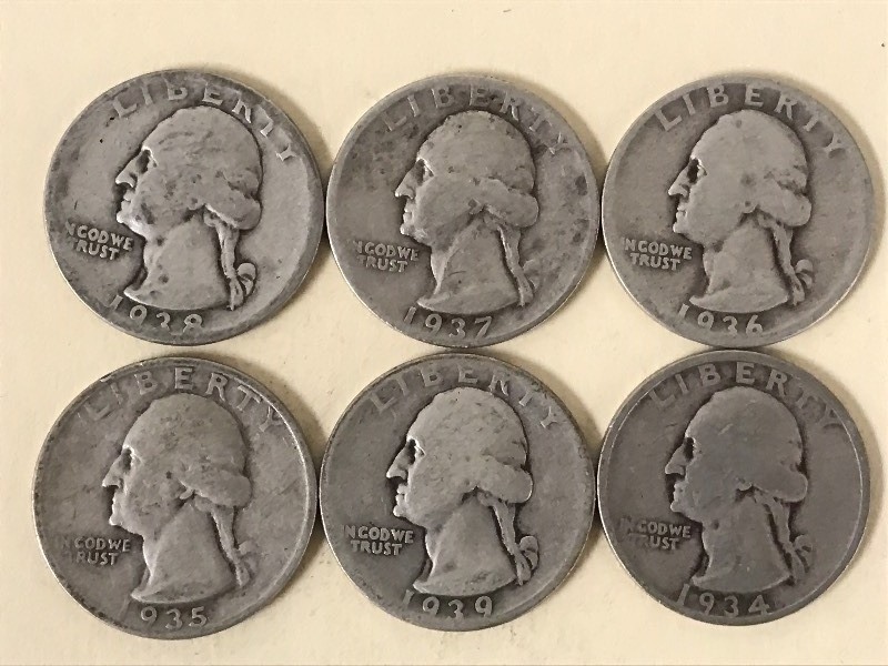 lot 60 image: (6) Washington Quarters, 1934-1939 ...